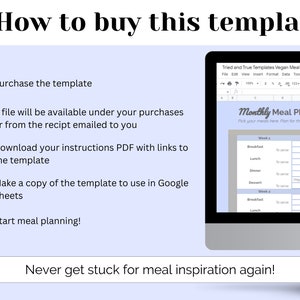 May include: A checklist with checkmarks next to each step on how to buy a vegan meal planner template. The checklist includes steps like purchasing the template, downloading instructions, and making a copy of the template to use in Google Sheets. The image also shows a screenshot of the template, which is a spreadsheet with columns for breakfast, lunch, dinner, and dessert, and rows for each day of the week. The template is titled "Monthly Meal Planning".
