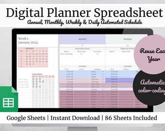Digital Planner Spreadsheet | Google Sheets Annual, Monthly, Weekly and Daily Planner | Goal and Habit Tracker | Daily Schedule Spreadsheet