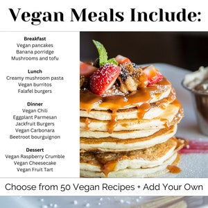 May include: A stack of vegan pancakes topped with caramel sauce, strawberries, and nuts. The text "Vegan Meals Include:" is at the top of the image, followed by a list of vegan breakfast, lunch, dinner, and dessert options. The text "Choose from 50 Vegan Recipes + Add Your Own" is at the bottom of the image.