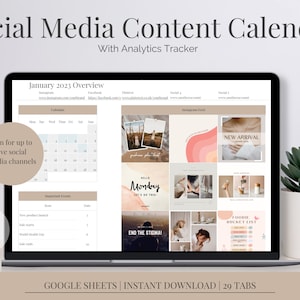 May include: A laptop screen displaying a Google Sheets template for a social media content calendar. The template includes a calendar, a list of important events, and a grid for planning social media posts. The template is designed to help users plan and track their social media content.