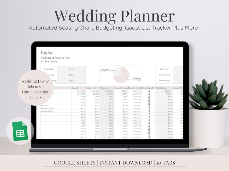 Peut inclure: Un &eacute;cran d'ordinateur portable affichant une feuille de calcul Google Sheets pour la planification de mariage. La feuille de calcul comprend des sections pour le budget, les plans de table et le suivi de la liste des invit&eacute;s. Le texte &agrave; l'&eacute;cran indique "Wedding Planner", "Budget", "Wedding of Sarah & John", "361 Days to Go", "Wedding Day & Rehearsal Dinner Seating Charts", et "GOOGLE SHEETS | INSTANT DOWNLOAD | 10 TABS".
