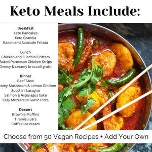 May include: A close-up of a bowl of red curry with shrimp, green peppers, and cilantro. The bowl is on a green surface and chopsticks are sticking out of the bowl. The text "Keto Meals Include" is at the top of the image, with a list of keto-friendly meals for breakfast, lunch, dinner, and dessert.