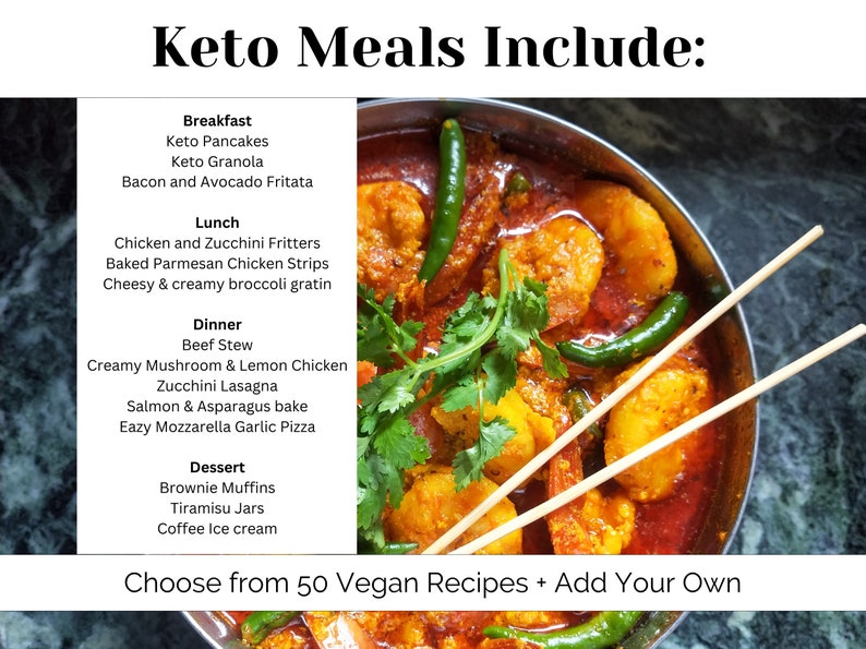 May include: A close-up of a bowl of red curry with shrimp, green peppers, and cilantro. The bowl is on a green surface and chopsticks are sticking out of the bowl. The text "Keto Meals Include" is at the top of the image, with a list of keto-friendly meals for breakfast, lunch, dinner, and dessert.