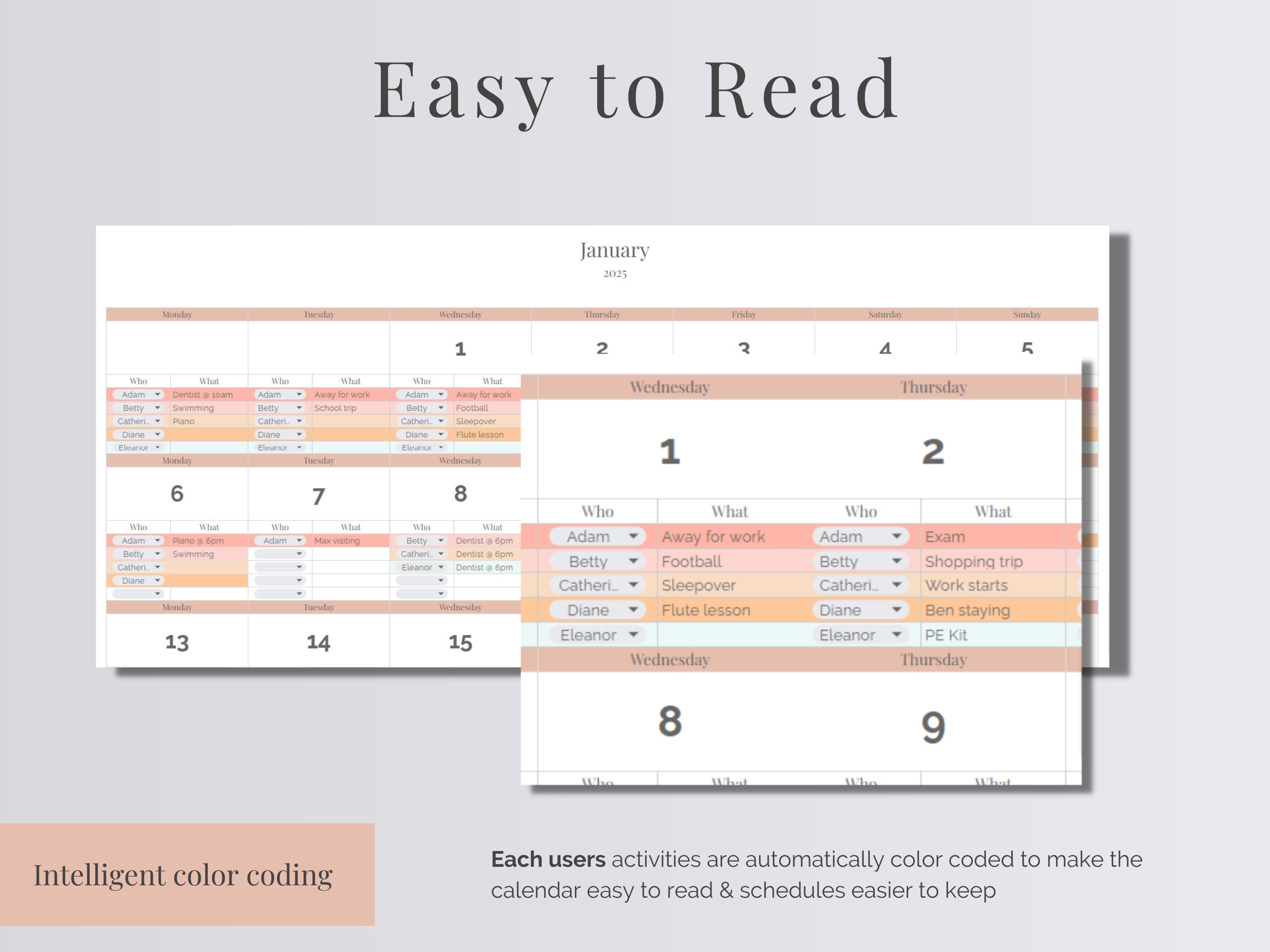 Reusable Multi-person Monthly Schedule | Weekly Calendar Google Sheet ...