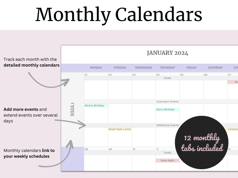 Goal and Event Calendar Google Sheets Annual and Monthly Calendar Goal