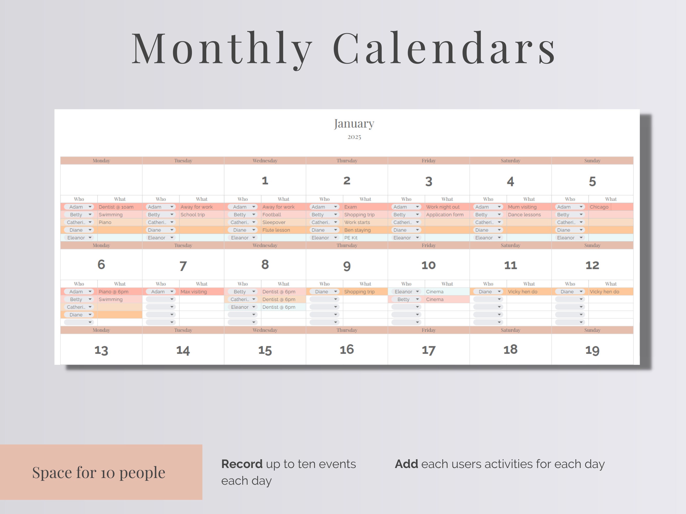 Reusable Multi-person Monthly Schedule | Weekly Calendar Google Sheet ...