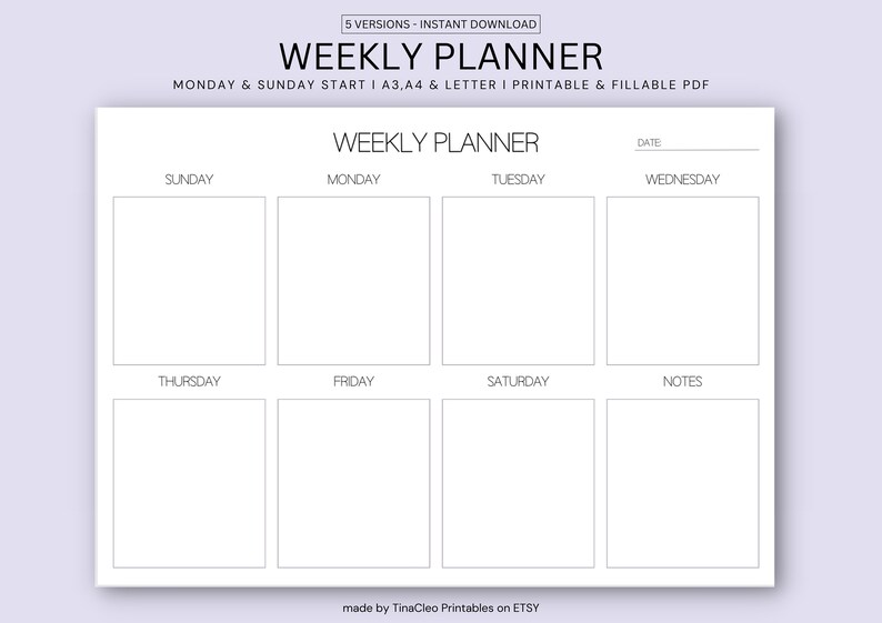 WEEKLY PLANNER PRINTABLE Landscape, Minimalist Weekly Schedule, Week at
