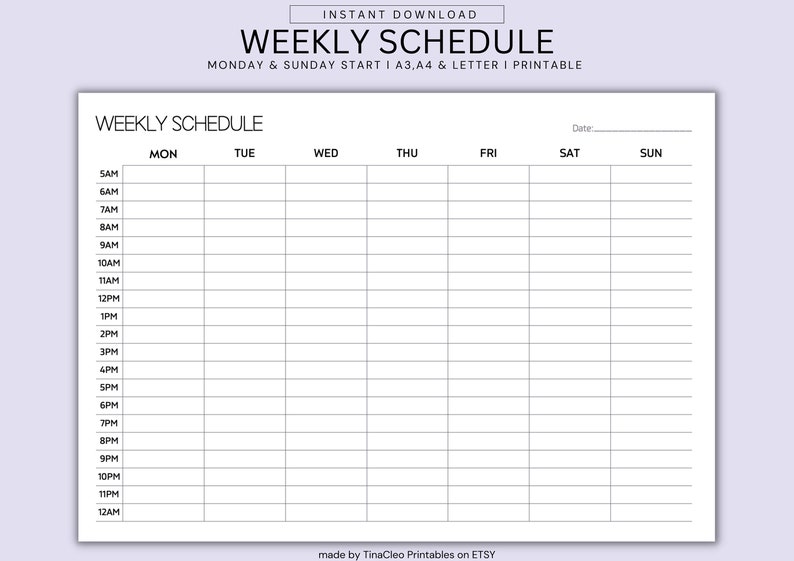 WEEKLY HOURLY PLANNER Printable Landscape Minimalist Weekly Schedule