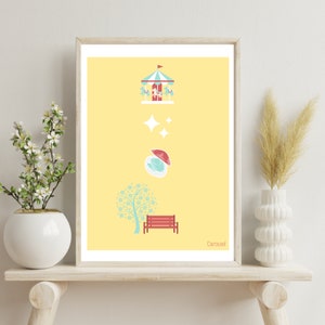 Peut inclure: Un fond jaune avec un carrousel rouge, blanc et bleu, un banc blanc, un arbre aux feuilles vertes et aux fleurs blanches, et un parapluie blanc et rouge. Le texte "Carousel" est en bas de l'image.