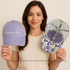 Pode incluir: Dois bonés de beisebol. Um é lavanda com um padrão de diamante e o texto "Your Design Here". O outro boné tem um padrão floral com flores azuis e uma parte traseira de malha branca. O texto "Your download will be watermark and word-free upon purchase" está na parte inferior.