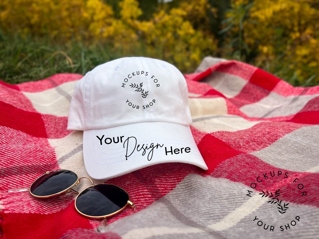 White Baseball Cap With Sunglasses Mockup, Yupoong White Dad Hat