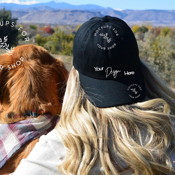 Black Baseball Hat Mockup, Dad Hat Mockup, Yupoong Hat, Blond Woman Wearing Baseball Hat Backwards with Dog in Image, Digital Download