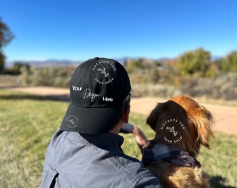 Black Baseball Hat Mockup with Man and Golden Retriever in Mountains Summer Dad Hat Mockup, Hat Mockup for your shop, Yupoong Hat