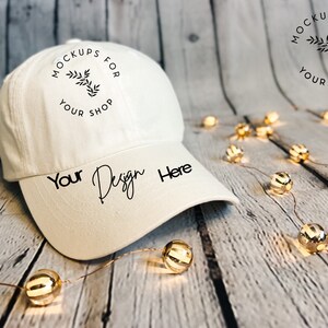 White Baseball Hat Mockup on Christmas/Holiday-themed-backdrop | Digital Download