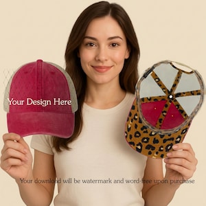 Pode incluir: Duas bonés de beisebol são exibidos. Um é bordô com uma parte traseira de malha e o texto "Your Design Here". O outro boné tem um design de estampa de leopardo com um interior bordô. A imagem inclui o texto "Your download will be watermark and word-free upon purchase".