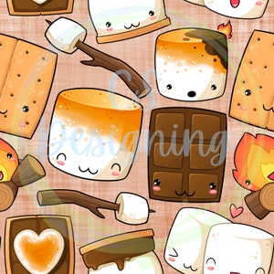 May include: A seamless pattern featuring cartoon illustrations of s'mores, marshmallows, chocolate bars, graham crackers, and a campfire. The illustrations are in a variety of colors, including brown, white, orange, and yellow.
