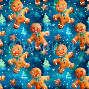 Könnte beinhalten: Ein nahtloses Muster mit Lebkuchenmännern, Weihnachtsbäumen und Sternen auf blauem Hintergrund. Die Lebkuchenmänner lächeln und haben grünen Zuckerguss auf dem Kopf. Die Weihnachtsbäume sind grün und haben weißen Schnee auf den Spitzen. Die Sterne sind golden und haben einen weißen Umriss.