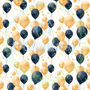 以下が含まれることがあります： 白い背景に、金色のキラキラしたアクセントがついた金色と紺色の風船が、シームレスなパターンで並んでいます。風船は繰り返しパターンで配置されており、お祝いのデザインを生み出しています。
