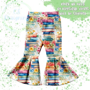 May include: White bell bottom pants with a watercolor print of colorful flowers and stacks of books. The print is repeated throughout the pants.
