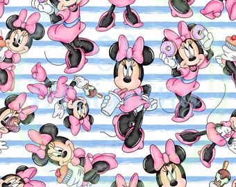 Puede incluir: Un patrón sin costuras que presenta un personaje de ratón de dibujos animados con ropa rosa y negra, sosteniendo varios artículos como donas, cupcakes y conos de helado. El fondo es un patrón de rayas azules y blancas.