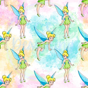 May include: A seamless pattern featuring Tinkerbell, a fairy with blue wings and a green dress, flying against a watercolor background of pink, yellow, and blue.