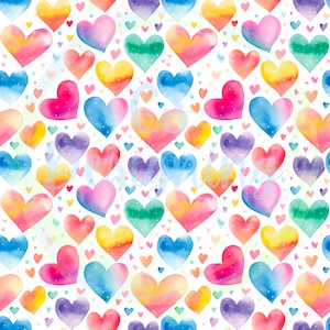 May include: A seamless pattern of watercolor hearts in various shades of pink, blue, green, purple, and yellow. The hearts are arranged in a random pattern on a white background.