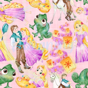 May include: A pink background with a repeating pattern of a cartoon princess with long blonde hair, a prince, a chameleon, and a horse. The princess is wearing a purple dress and the prince is wearing a green shirt and brown trousers. The chameleon is green and the horse is white.