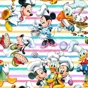 May include: A colorful seamless pattern featuring cartoon characters like Mickey Mouse, Minnie Mouse, Donald Duck, and Goofy dressed as chefs. They are holding various kitchen utensils and baking dishes, with a striped background.