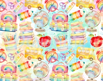 May include: A seamless pattern featuring watercolour illustrations of school supplies, including a yellow school bus, a rainbow backpack, a globe, a stack of books, a pencil holder, a red alarm clock, a pair of scissors, and a red apple. The background is a light blue and yellow watercolour wash.