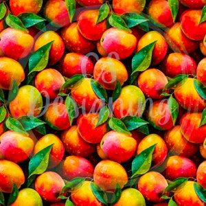 May include: A seamless pattern featuring a vibrant array of red, orange, and yellow mangoes with green leaves. The mangoes are arranged in a random pattern, creating a tropical and summery feel.