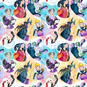 May include: A seamless pattern featuring various Disney villains, including Maleficent, Ursula, and the Evil Queen. The villains are depicted in a watercolour style with vibrant colours and intricate details. The background is white with a subtle watercolour effect.