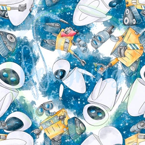 May include: A seamless pattern featuring white and yellow robots in a blue and white space-themed background. The robots have large eyes and are in various poses. The background is a watercolor wash of blue and white with stars.