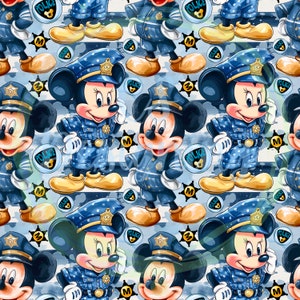 May include: A seamless pattern featuring Mickey Mouse and Minnie Mouse dressed as police officers. They are wearing blue and white uniforms with gold badges and black hats. The background is a light blue and white watercolor pattern with stars and the word "POLICE" repeated throughout.