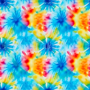 Può includere: Uno schema senza cuciture con un design tie-dye in tonalità di blu, giallo, arancione e rosso. Lo schema ricorda un dipinto ad acquerello e crea uno sfondo vibrante e colorato.