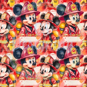 May include: A seamless pattern featuring a repeated design of a cartoon mouse dressed as a firefighter. The mouse is wearing a red and yellow fire suit, a red helmet with a yellow star, and a yellow fire hose. The background is a red and white striped pattern.