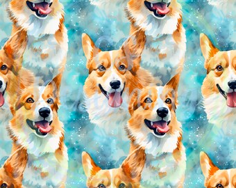 May include: A seamless pattern featuring watercolor illustrations of corgi dogs with blue and white backgrounds. The corgis are facing forward with their tongues sticking out.