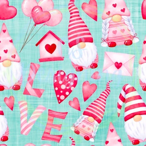 May include: A seamless pattern featuring gnomes, hearts, and the word "LOVE" in pink and red on a turquoise background. The gnomes are wearing pink and red striped hats and have white beards. The hearts are various sizes and shapes, some with white polka dots.