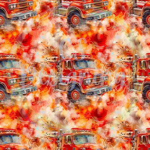 May include: A seamless pattern featuring red fire trucks with white accents on a background of orange, yellow, and brown watercolor splatters.