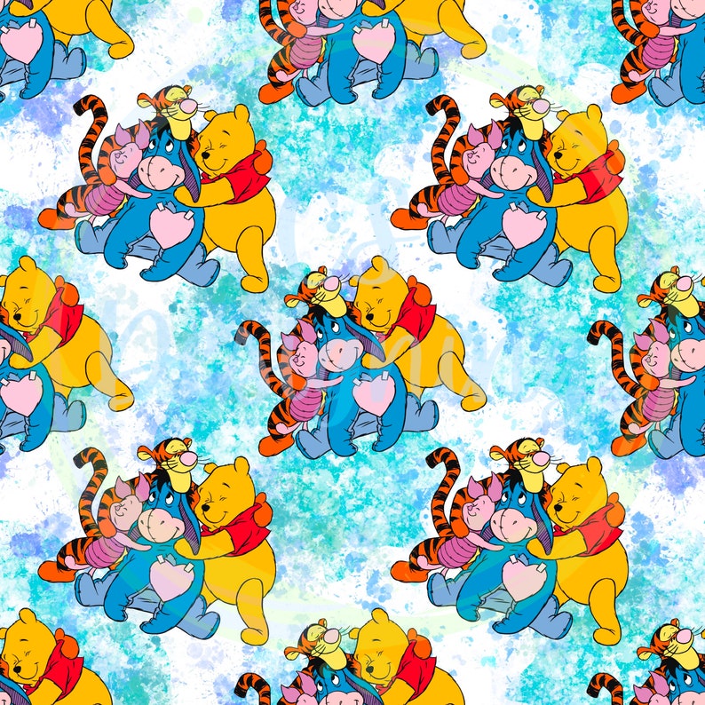 May include: A seamless pattern featuring Winnie the Pooh and his friends Piglet, Tigger, and Eeyore. The characters are depicted in a watercolor style on a white background with blue and yellow accents.