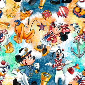 May include: Seamless pattern featuring nautical-themed cartoon characters, including Mickey and Minnie Mouse, Pluto, Goofy, and Donald Duck. The design incorporates anchors, compass roses, and spyglasses on a colorful, watercolor-style background.