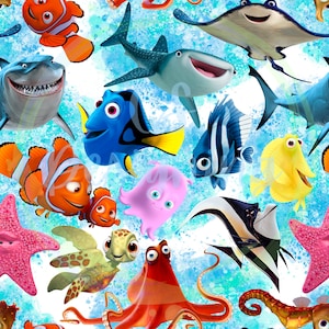 May include: A vibrant, repeating pattern featuring various cartoon sea creatures, including clownfish, a blue tang, sharks, and a sea turtle, set against a light blue and white watercolor-style background. The design is playful and colorful, suitable for children's products.