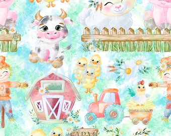 Farm animals seamless pattern,Seamless Pattern,Digital Paper,Digital,Paper,Seamless,Background,Design,Clipart,Print,Pattern,cows,horse,chick