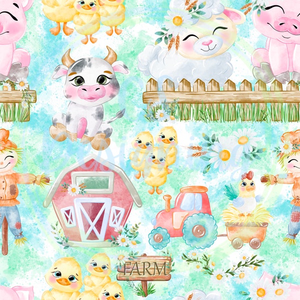 Farm animals seamless pattern,Seamless Pattern,Digital Paper,Digital,Paper,Seamless,Background,Design,Clipart,Print,Pattern,cows,horse,chick