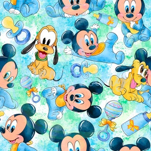 May include: A seamless pattern featuring cartoon characters Mickey Mouse and Pluto in baby outfits. The characters are depicted in a watercolor style on a blue and green background with pacifiers and rattles.