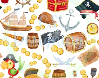 Seamless Pirate Pattern,Treasure,Pirate Birthday, Watercolor Pirate Design,Watercolor,Printable,Download,Digital Pirate,Pirate Pattern,Boys