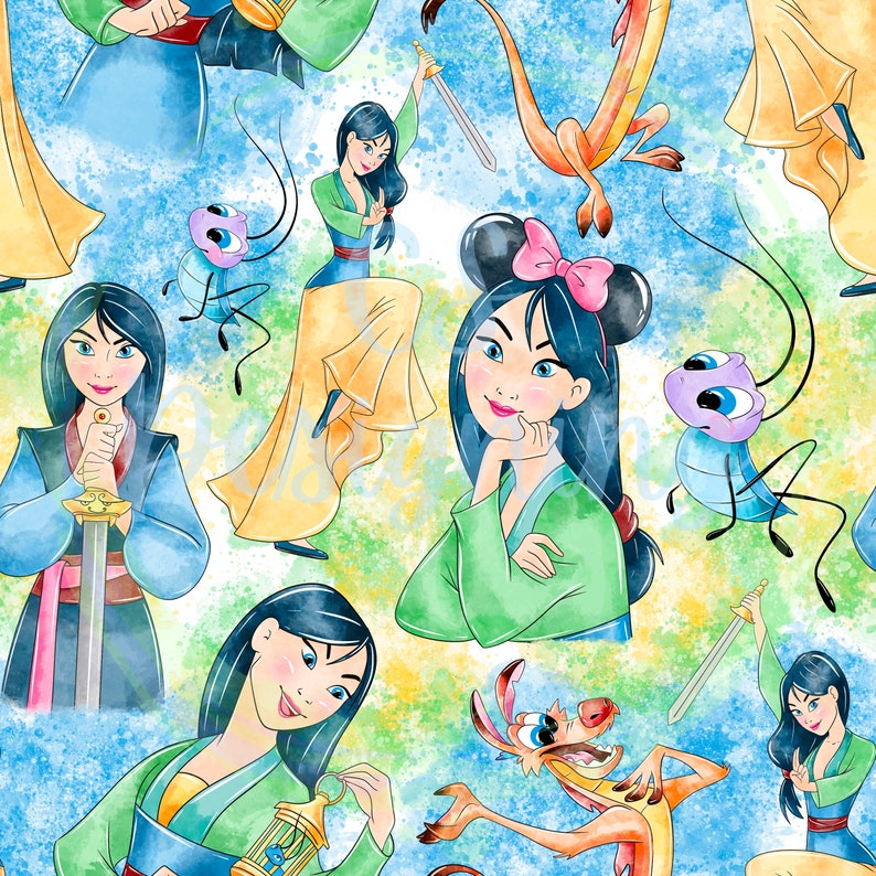 K&ouml;nnte beinhalten: Aquarellmuster mit der Figur Mulan aus dem Disney-Film. Das Design umfasst mehrere Darstellungen von Mulan in verschiedenen Posen, zusammen mit dem Drachen Mushu und einer Grille. Der Hintergrund hat einen farbenfrohen, gesprenkelten Effekt.