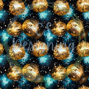 May include: A seamless pattern featuring gold and blue disco balls on a black background with white glitter. The disco balls are arranged in a random pattern and overlap each other.