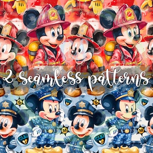 May include: Two seamless patterns featuring cartoon Mickey Mouse characters. One pattern features Mickey Mouse dressed as a firefighter with red and yellow accents. The other pattern features Mickey Mouse dressed as a police officer with blue and black accents.