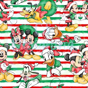 May include: A seamless pattern featuring various Disney characters in festive attire. Mickey Mouse, Minnie Mouse, Donald Duck, Goofy, and Pluto are depicted wearing Santa hats and holiday-themed outfits. The background is a red and green striped pattern.