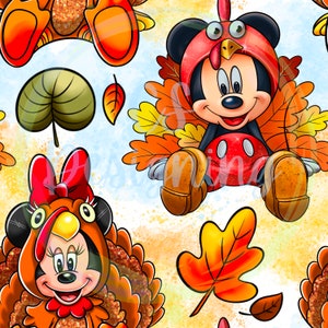 May include: A seamless pattern featuring Mickey and Minnie Mouse dressed as turkeys for Thanksgiving. The background is a white watercolor wash with fall leaves in shades of orange, yellow, and brown.